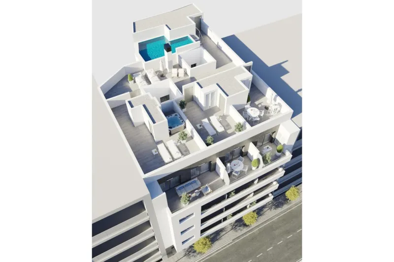 Moderní, nově postavená budova jen pár kroků od moře v centru Torrevieja!